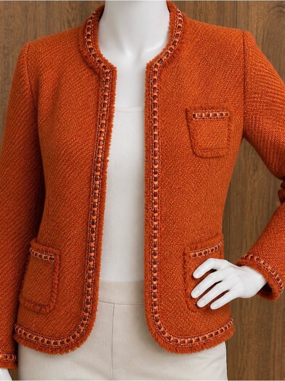 Textured Orange Jacket with Decorative Trim. Dialogue. 30% wool.